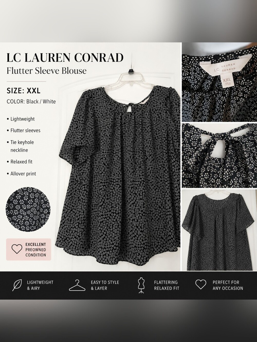 ✨️LC Lauren Conrad Women’s Blouse – Size XXL – Black & White Print